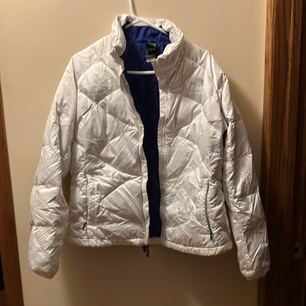 The North Face Women XL down jacket white w royal blue interior
